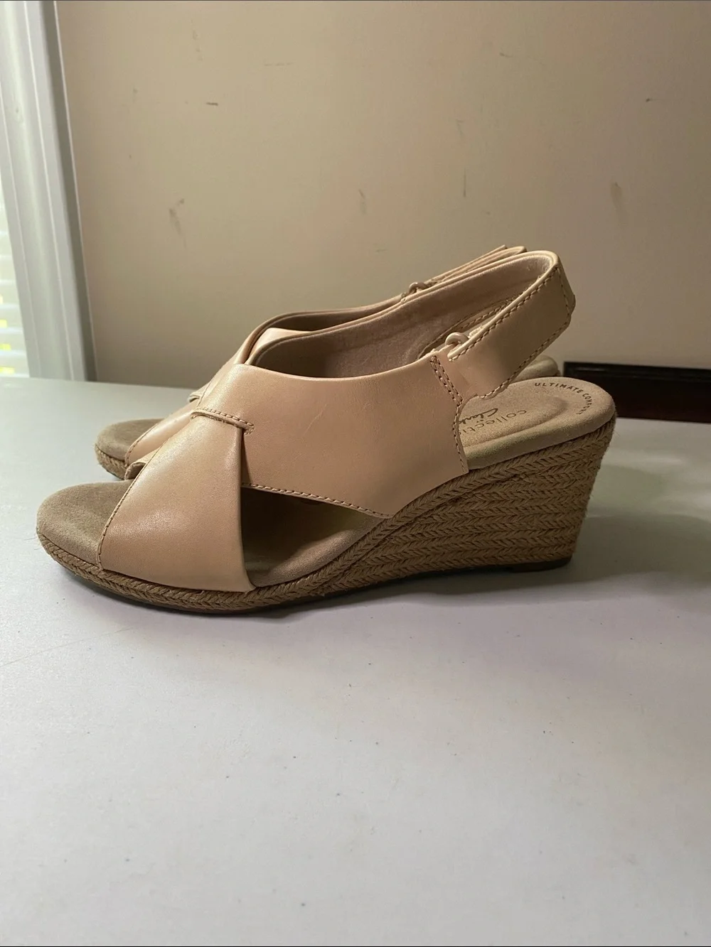 Clarks Beige Crossover Slingback Wedge Sandals